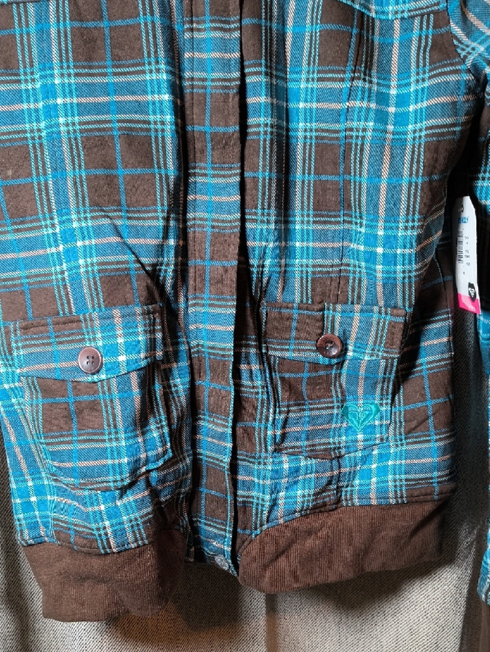 Roxy Turquoise and Brown Plaid Hooded Jacket - Picture 7 of 9